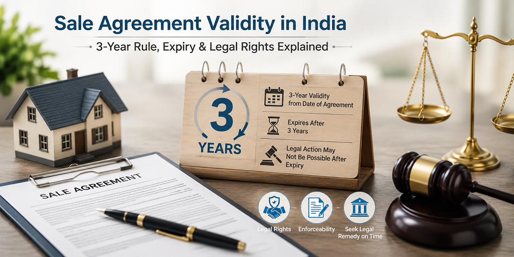 Sale agreement validity in India with 3-year rule, legal rights, property agreement document, and contract expiry concept.  .
